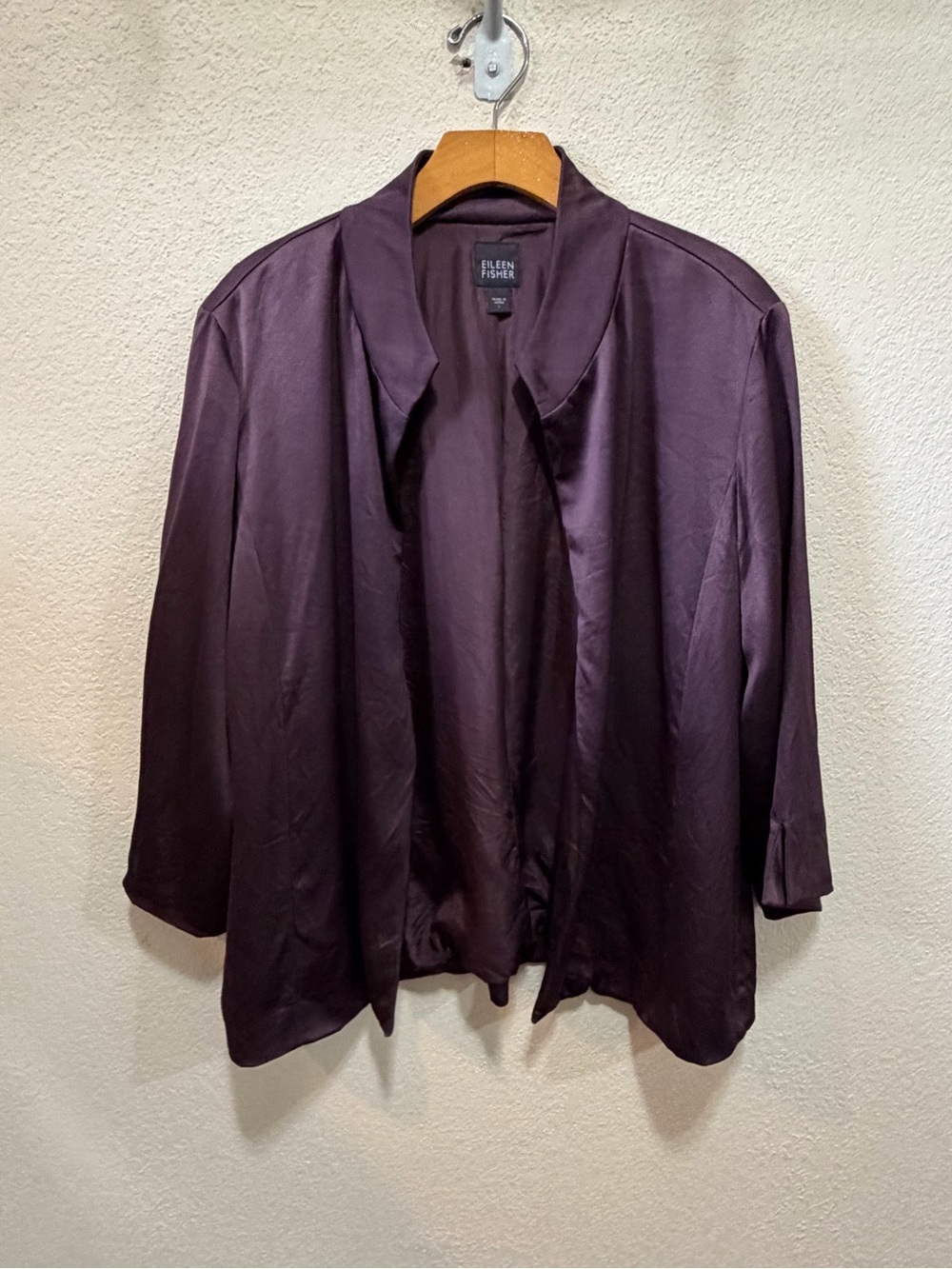 Eileen Fisher 100% Silk Open Front Jacket Cardigan Plum Purple Size I